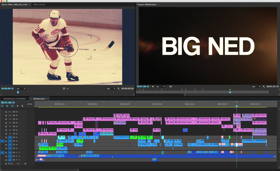 Premiere Pro timeline of the BIG NED trailer
