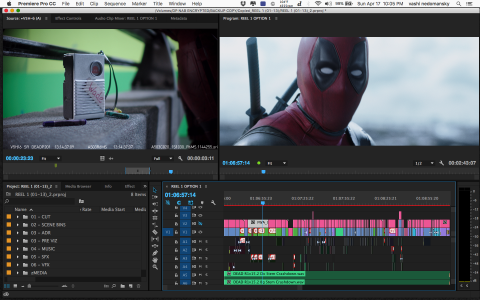 The actual Deadpool Premiere Pro Timeline of the Opening Freeway Scene.