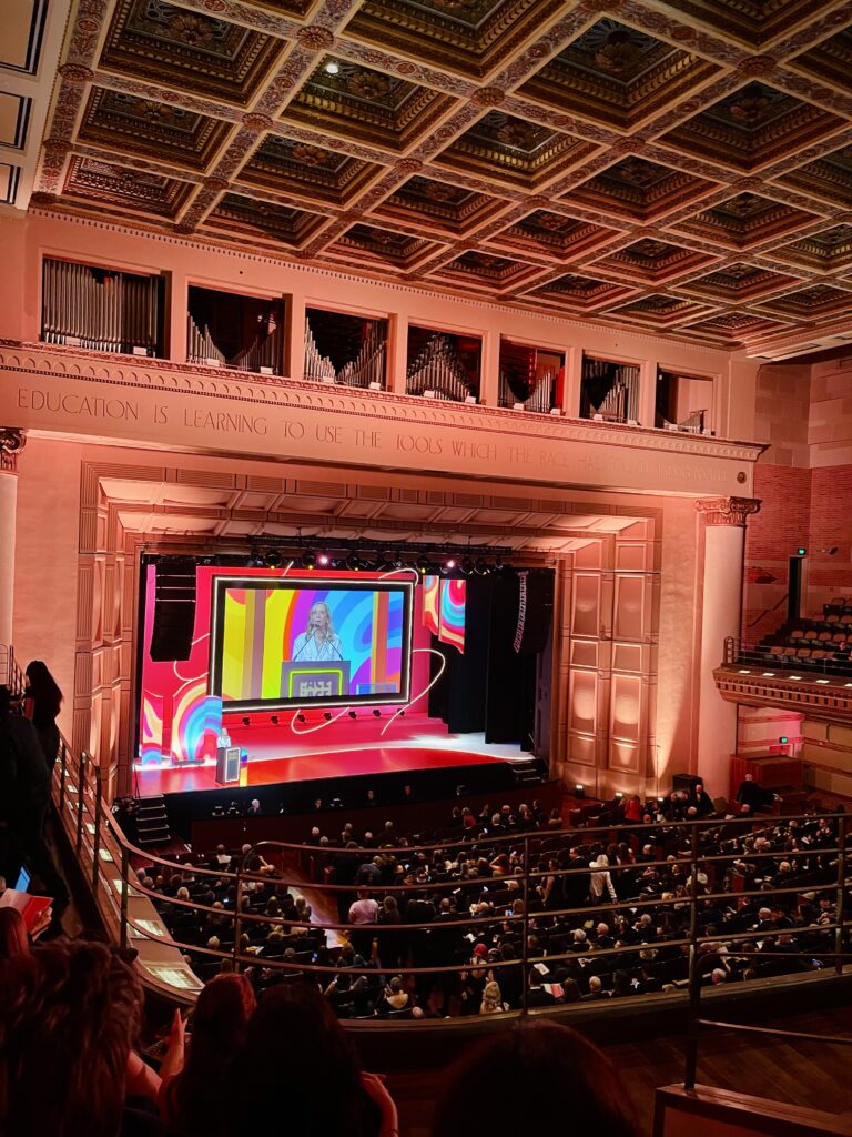 ACE President Sabrina Plisco, ACE, presenting on stage at the 73rd annual ACE Eddie Awards at Royce Hall, UCLA